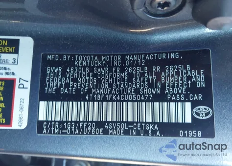 2012 Toyota Camry Se z USA, uszkodzony, nr VIN 4T1BF1FK4CU050477